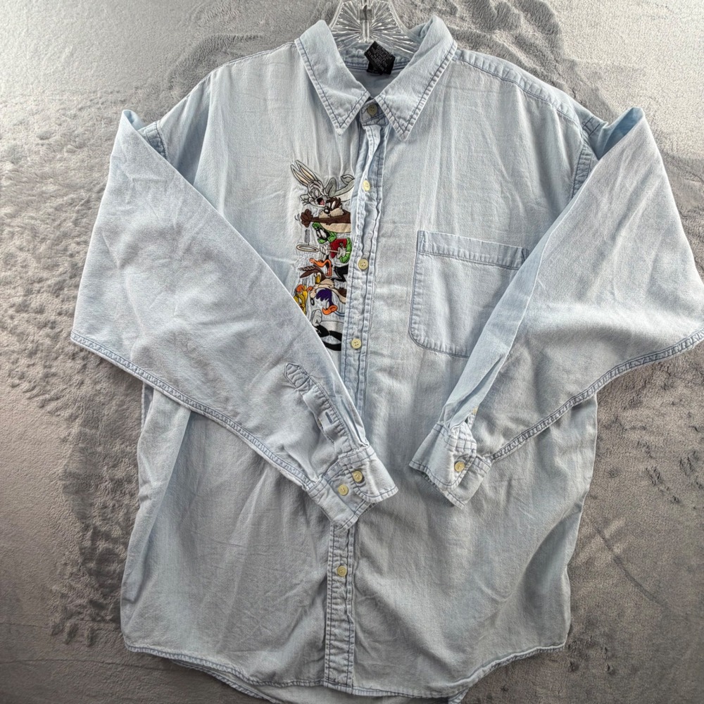 Warner Bros Looney Tunes Denim Shirt Mens L Light Blue Embroidered 90s - Picture 6 of 8